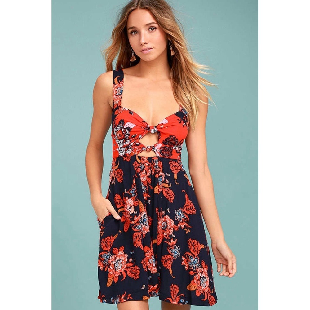 Free People Baby It's You Mini Dress Navy Blue Print Sz S‎ NWT Boho